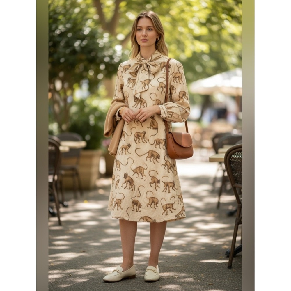 H&M Monkey Print Tie Neck Shift Dress Size 2 Cream Jacquard Rare Discontinued - Picture 3 of 16